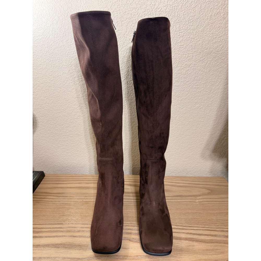 Jeffrey Campbell Brown Faux Suede Square Toe Block Heel Knee High Boots Size 8.5